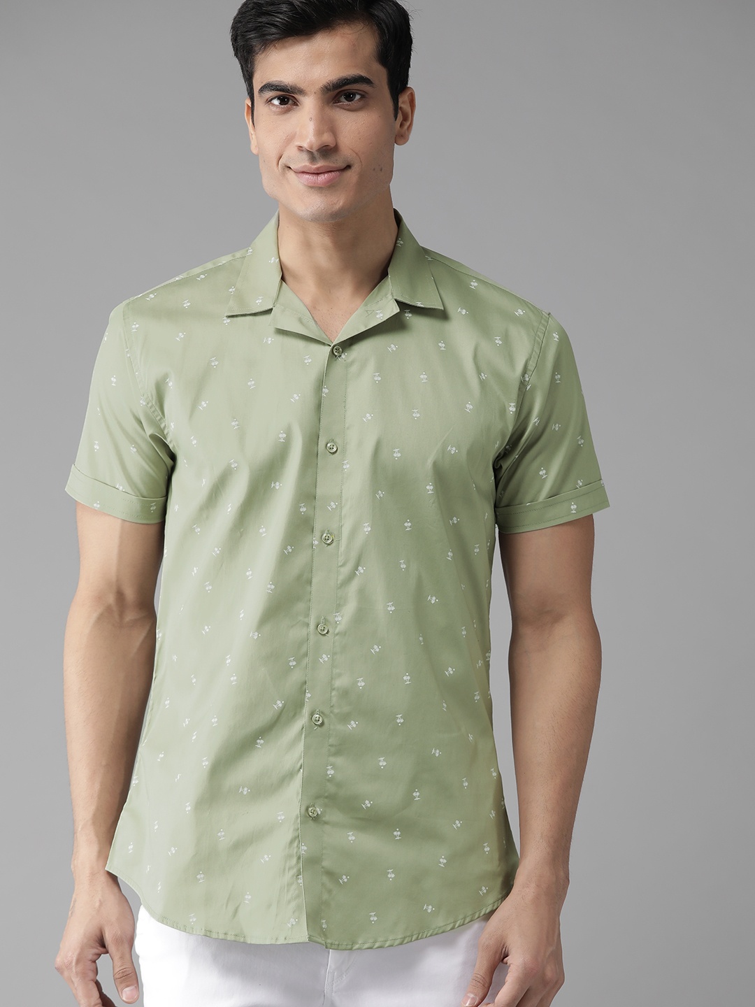 

DENNISON Men Green & White Slim Fit Printed Casual Shirt