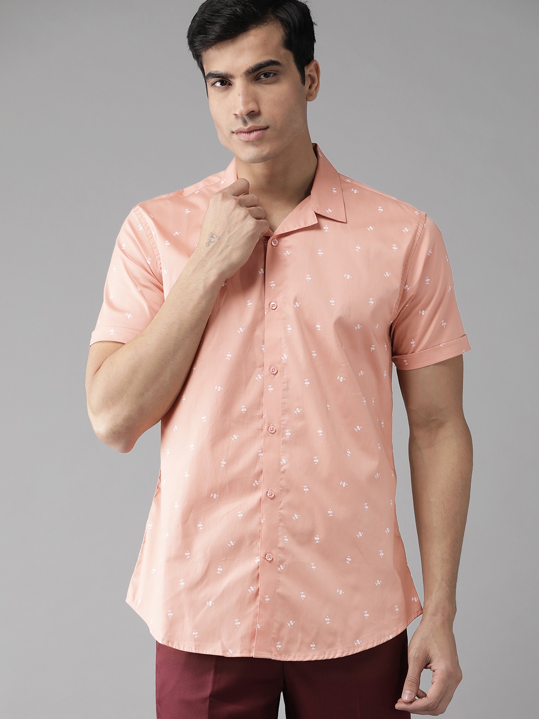 

DENNISON Men Peach-Coloured & White Slim Fit Printed Casual Shirt