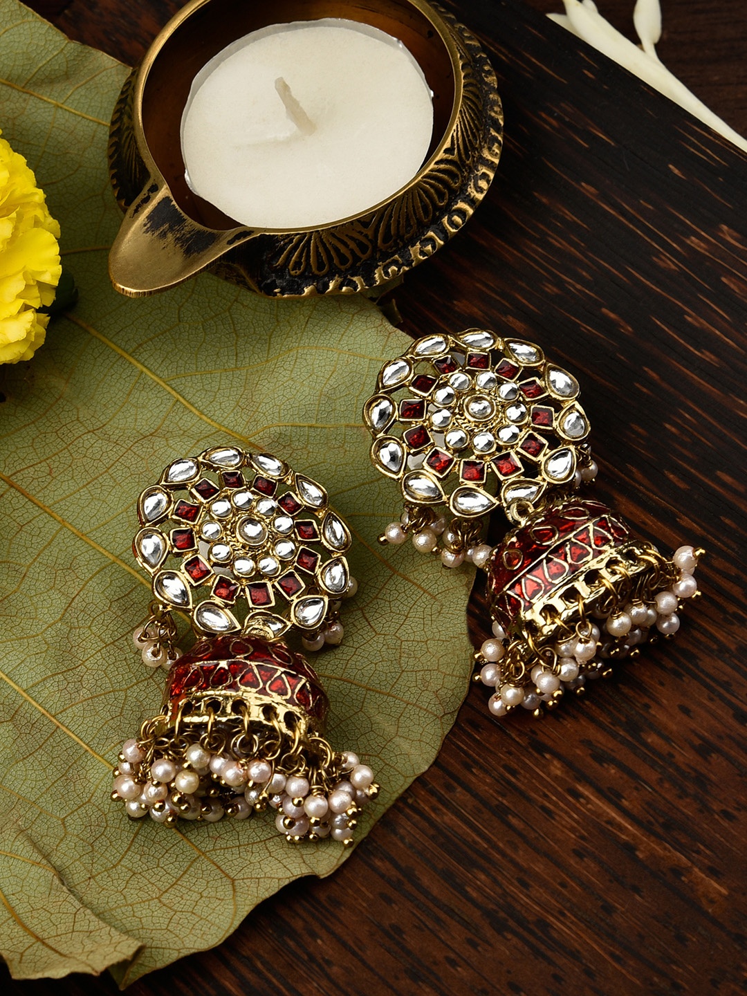 

Fida Women Gold-Toned & Red Dome Shaped Jhumkas