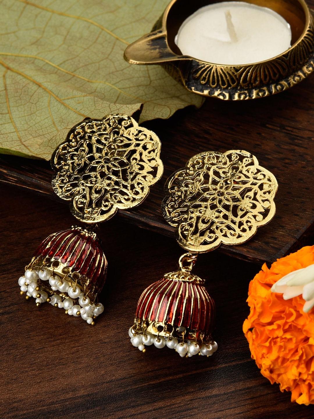 

Fida Women Gold-Toned & Red Dome Shaped Jhumkas