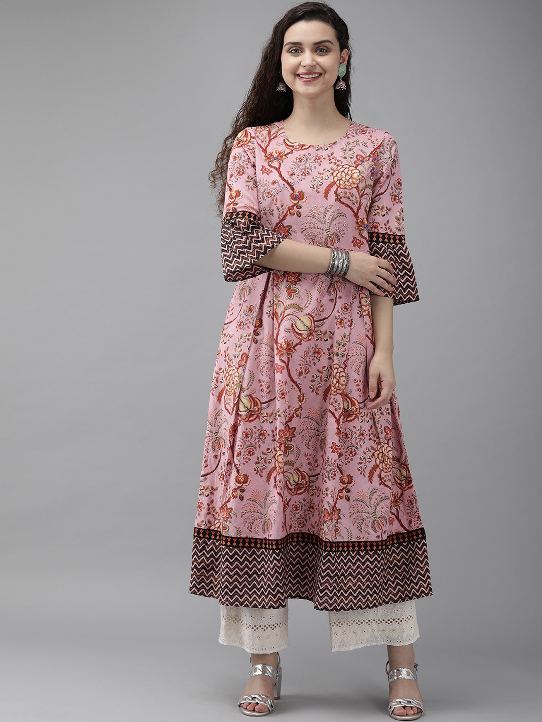 

Rain & Rainbow Women Pink & Orange Printed A-Line Kurta