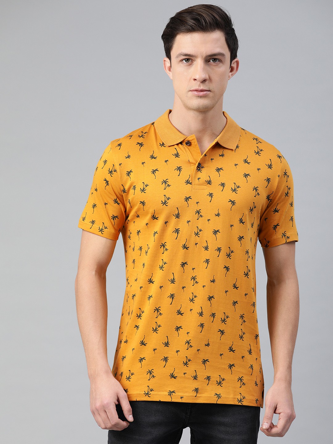 

Kryptic Men Mustard Yellow Printed Polo Collar T-shirt