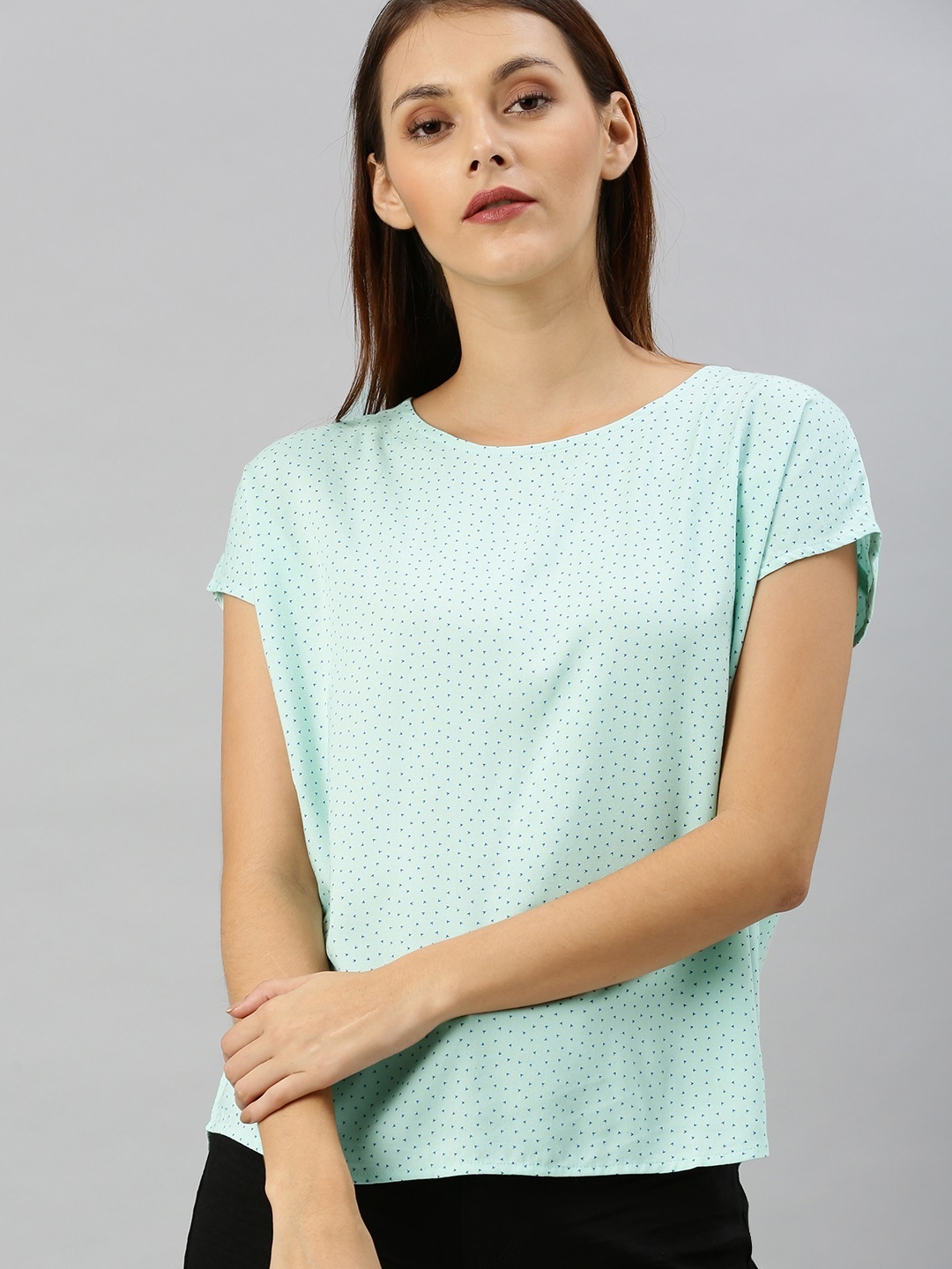 

Denizen From Levis Women Sea Green & Blue Printed Boxy Top With Gathers