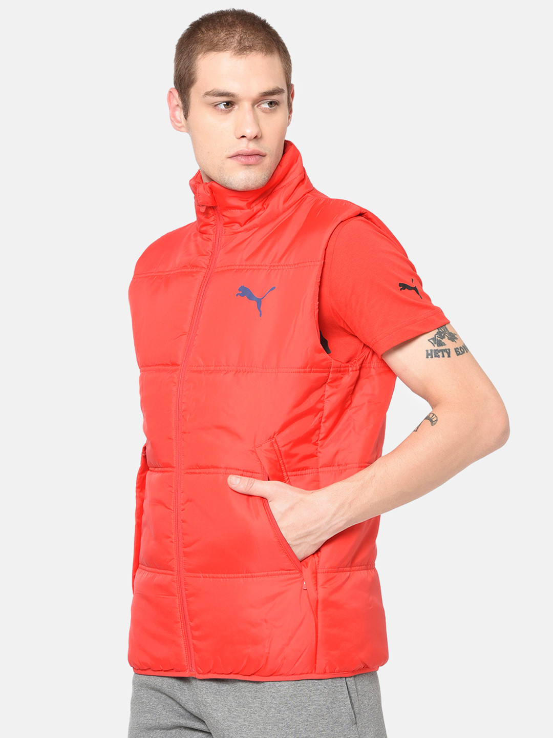 

Puma Men Coral Red Solid Essentials Padded Vest Jacket