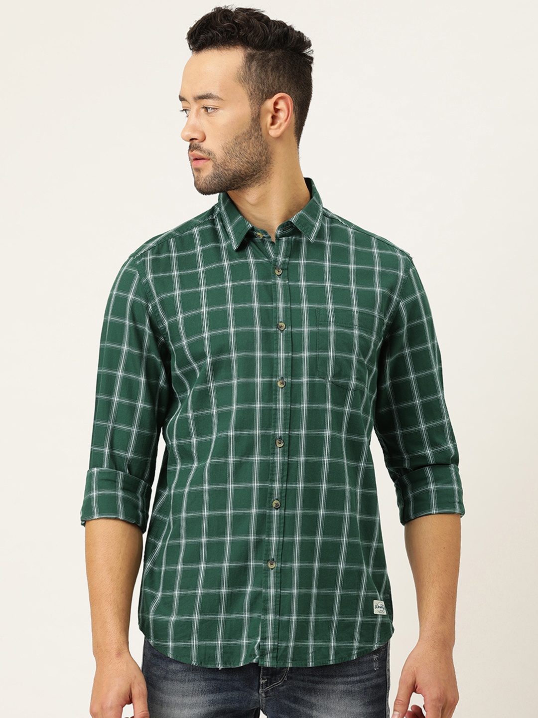 

Flying Machine Men Green & White Slim Fit Checked Casual Shirt