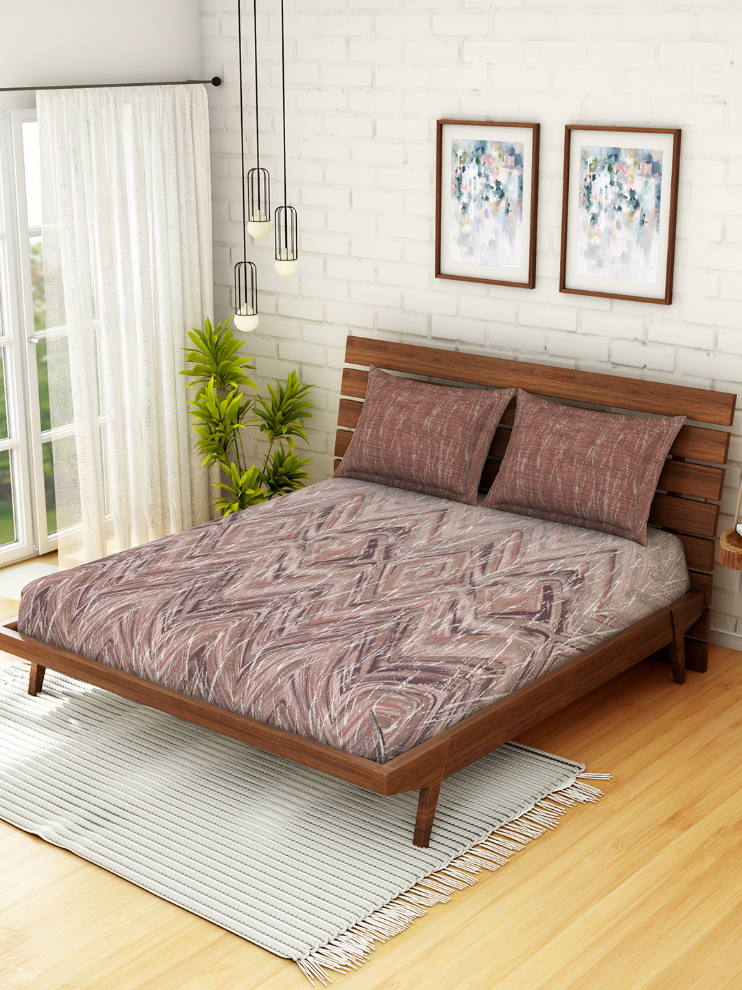 

SPACES Mauve & White Abstract 144 TC Cotton 1 Queen Bedsheet with 2 Pillow Covers