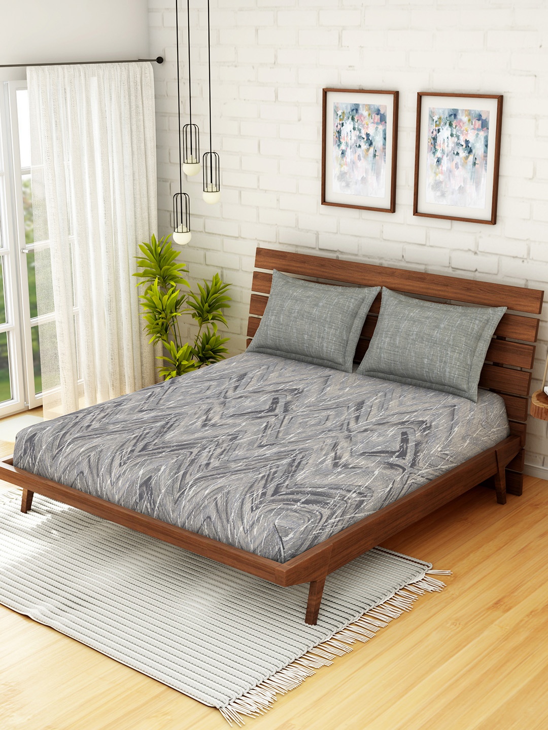 

SPACES Grey Geometric 144 TC Cotton 1 Queen Bedsheet with 2 Pillow Covers