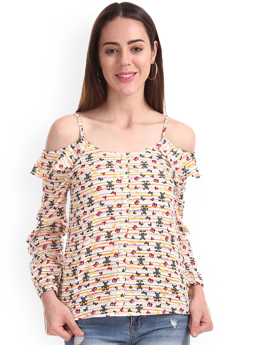 

Sugr Women Beige Mickey Mouse Print Cold Shoulder Top
