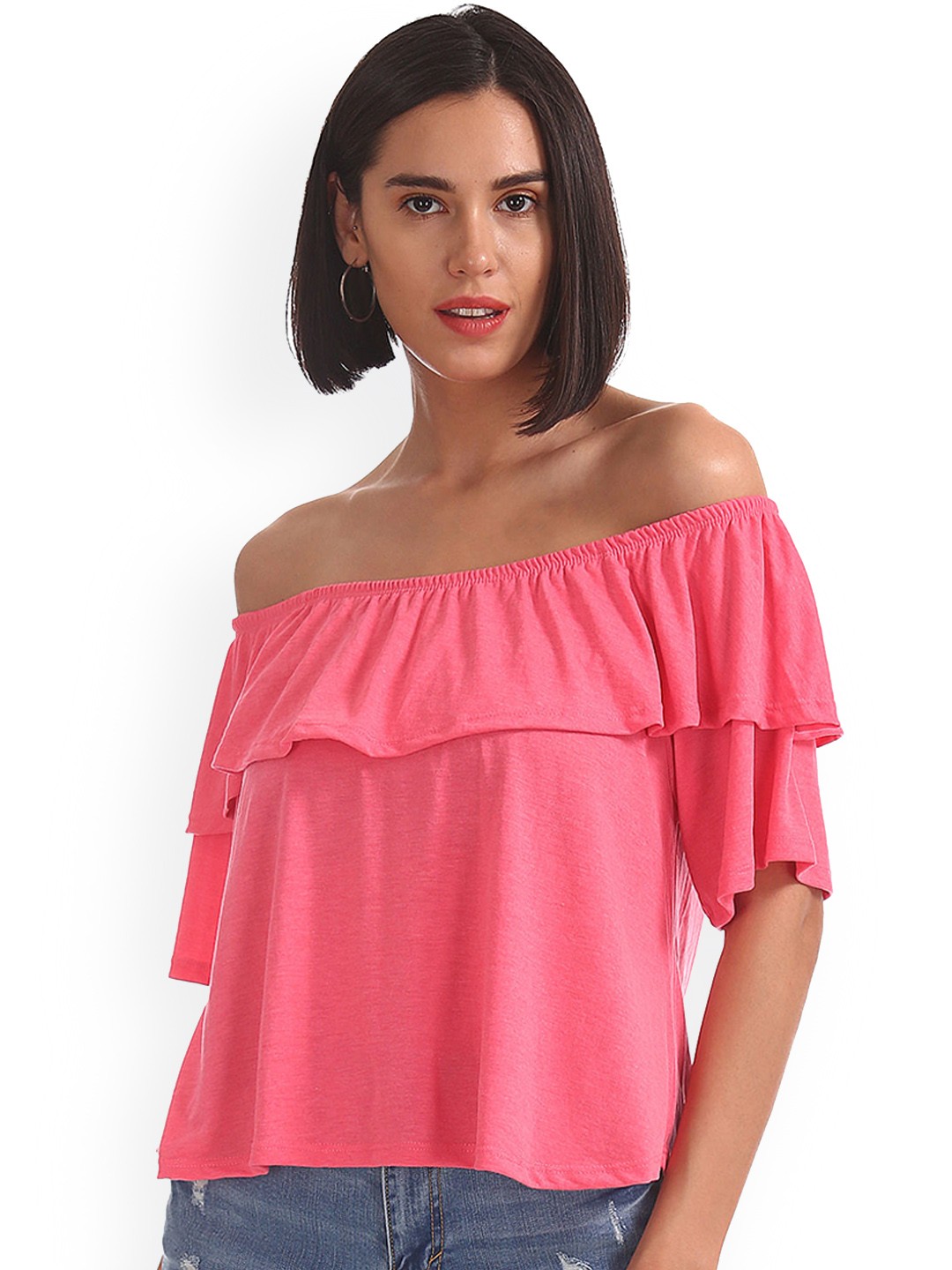 

Sugr Women Pink Solid Bardot Top