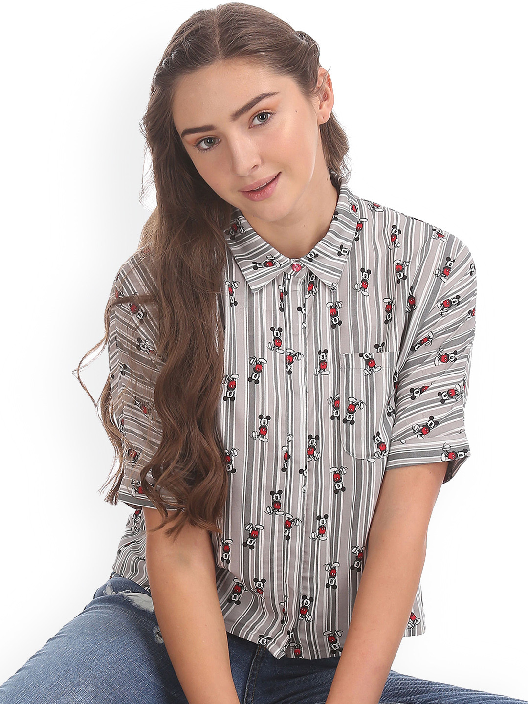 

Sugr Women Grey Mickey Mouse Printed Shirt Style Top