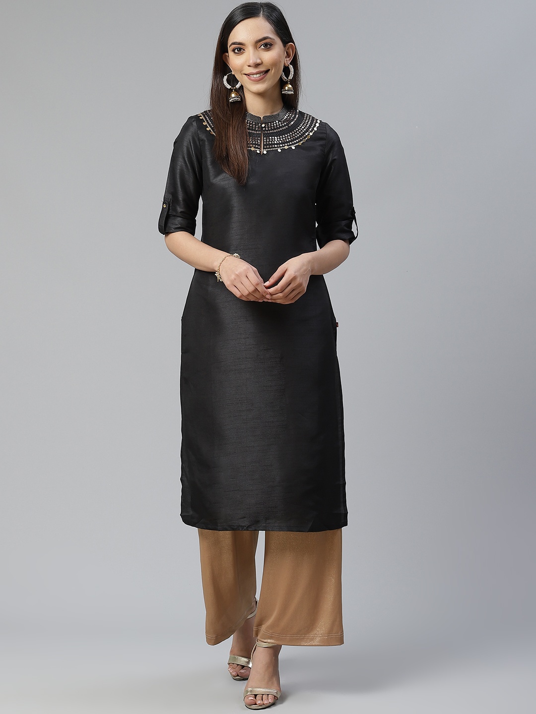 

W Women Black Solid Sequinned Detail Kurta
