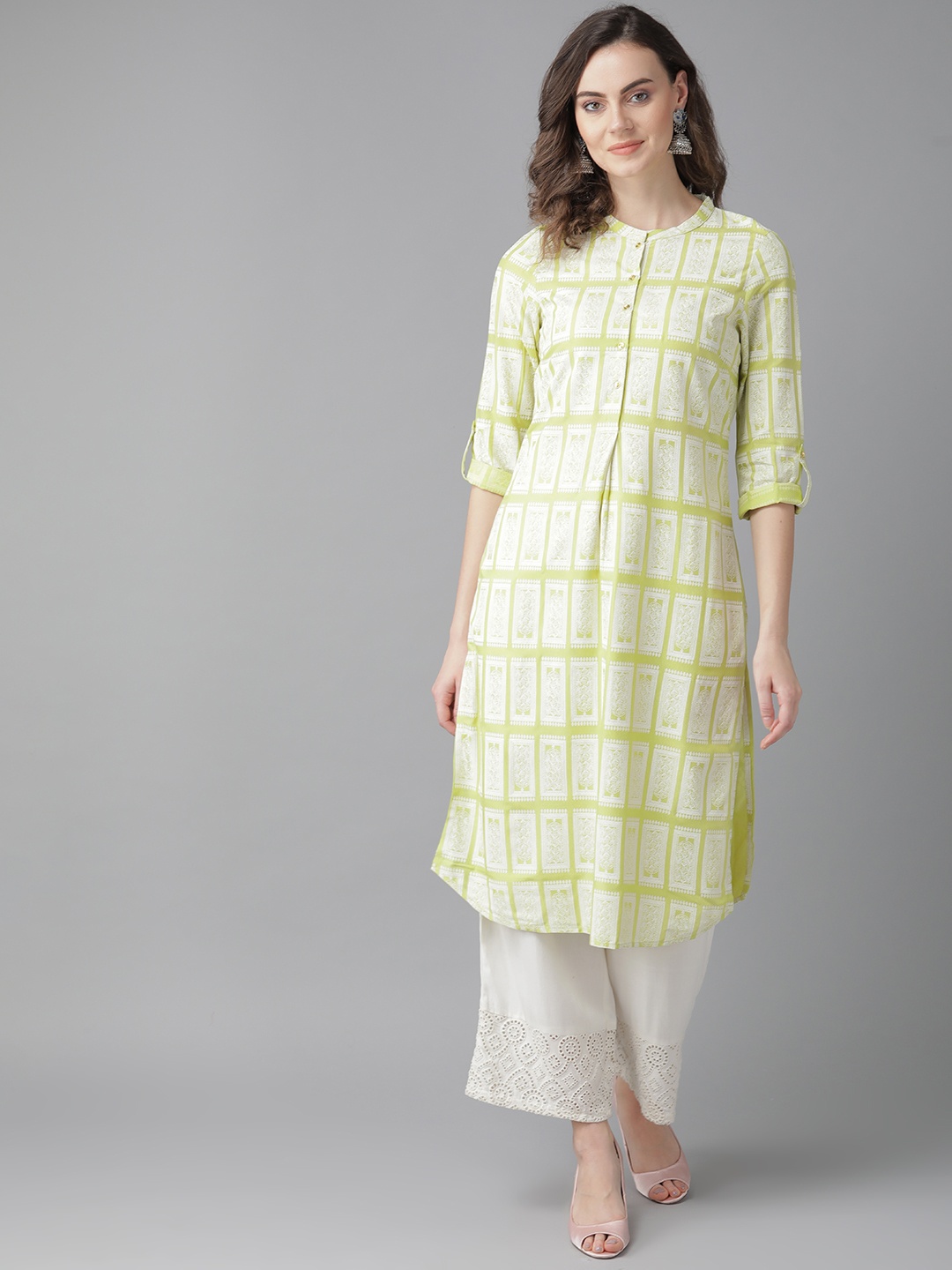 

W Women Lime Green & White Printed A-Line Kurta