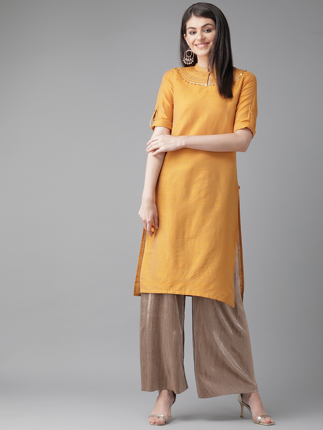 

W Women Mustard Yellow Solid Straight Kurta