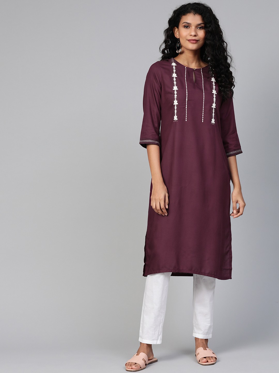 

W Women Burgundy & White Yoke Design Straight Kurta