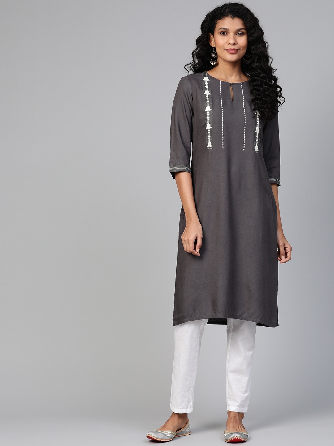 

W Women Charcoal Grey & Off-White Yoke Design Straight Kurta