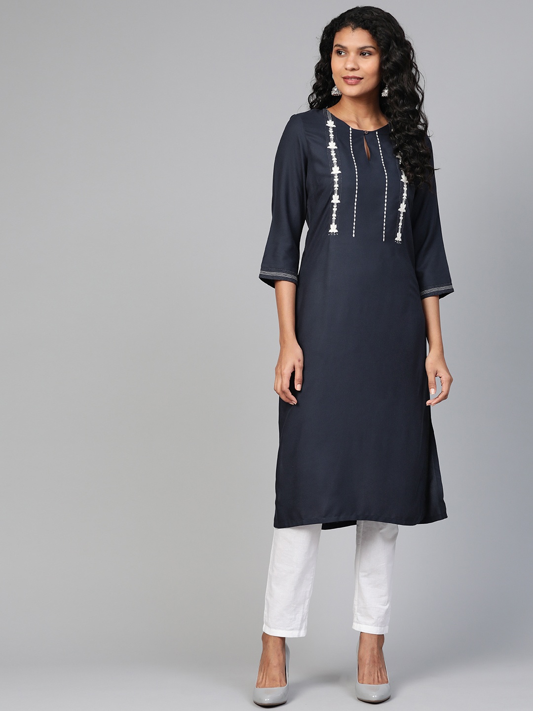 

W Women Navy Blue & White Yoke Design Straight Kurta