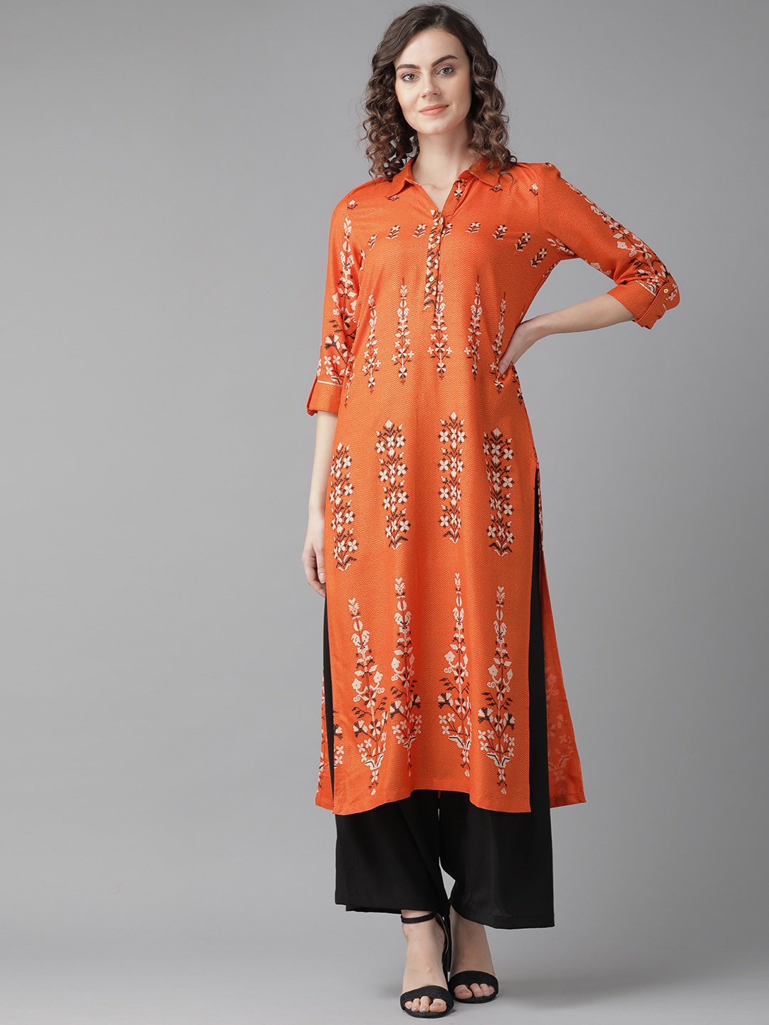 

W Women Orange & Black Printed Straight Kurta