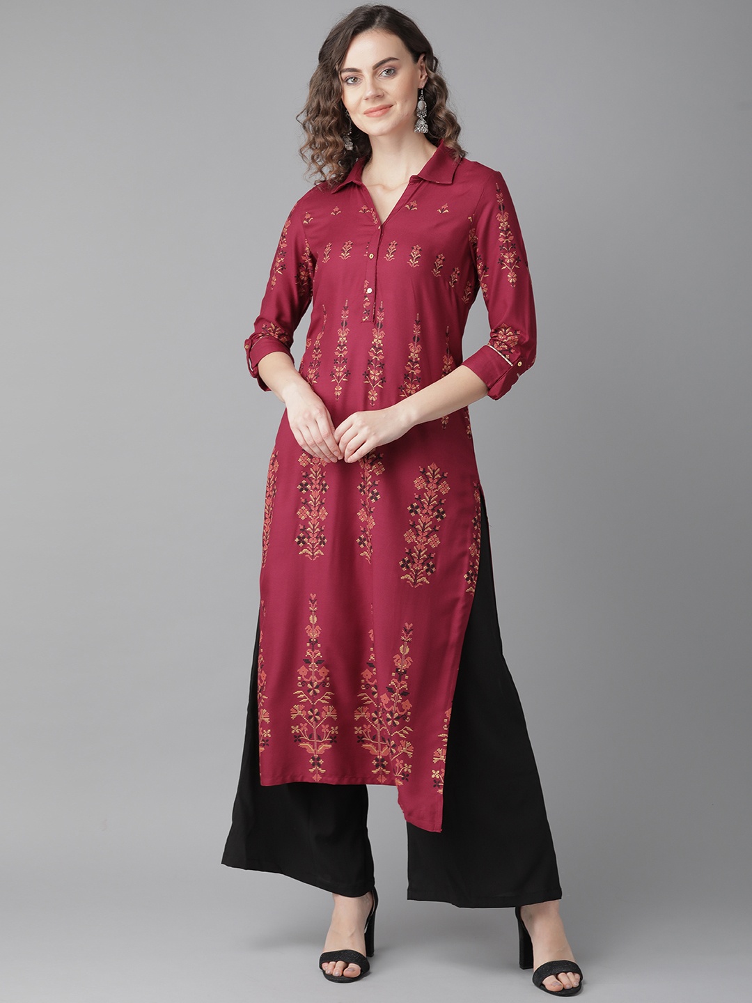 

W Women Maroon & Black Printed Straight Kurta