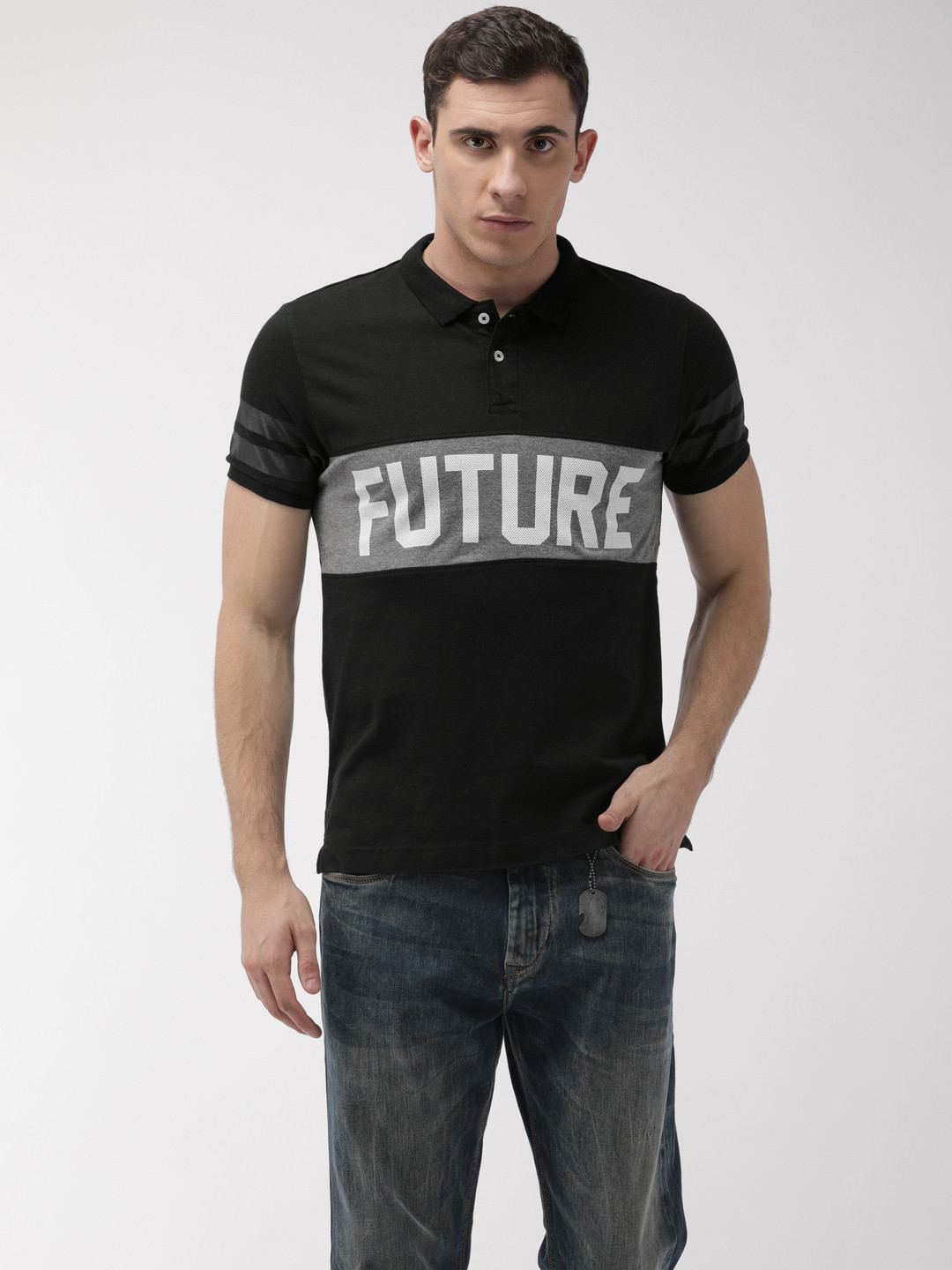 

Flying Machine Men Black Printed Slim Fit Polo Collar Pure Cotton T-shirt