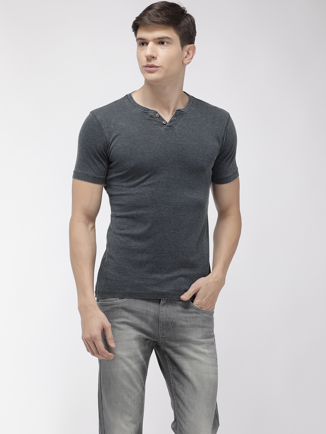 

Flying Machine Men Navy Blue Solid Slim Fit Henley Neck T-shirt