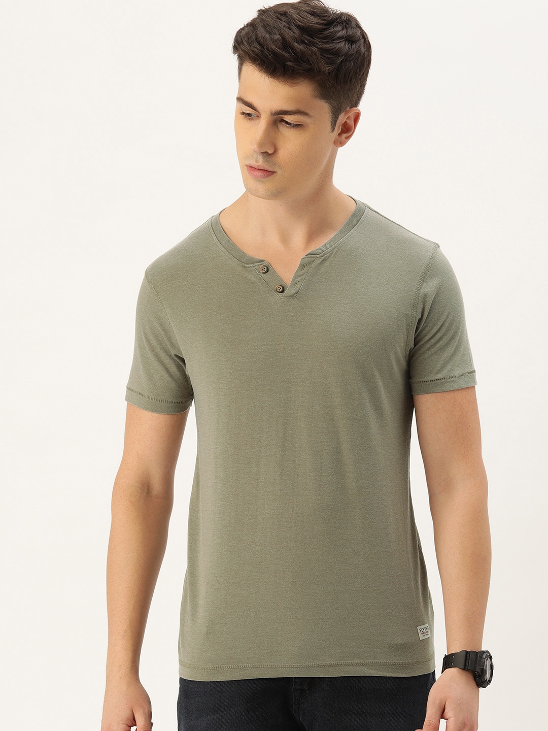 

Flying Machine Men Olive Green Slim Fit Solid Henley Neck T-shirt