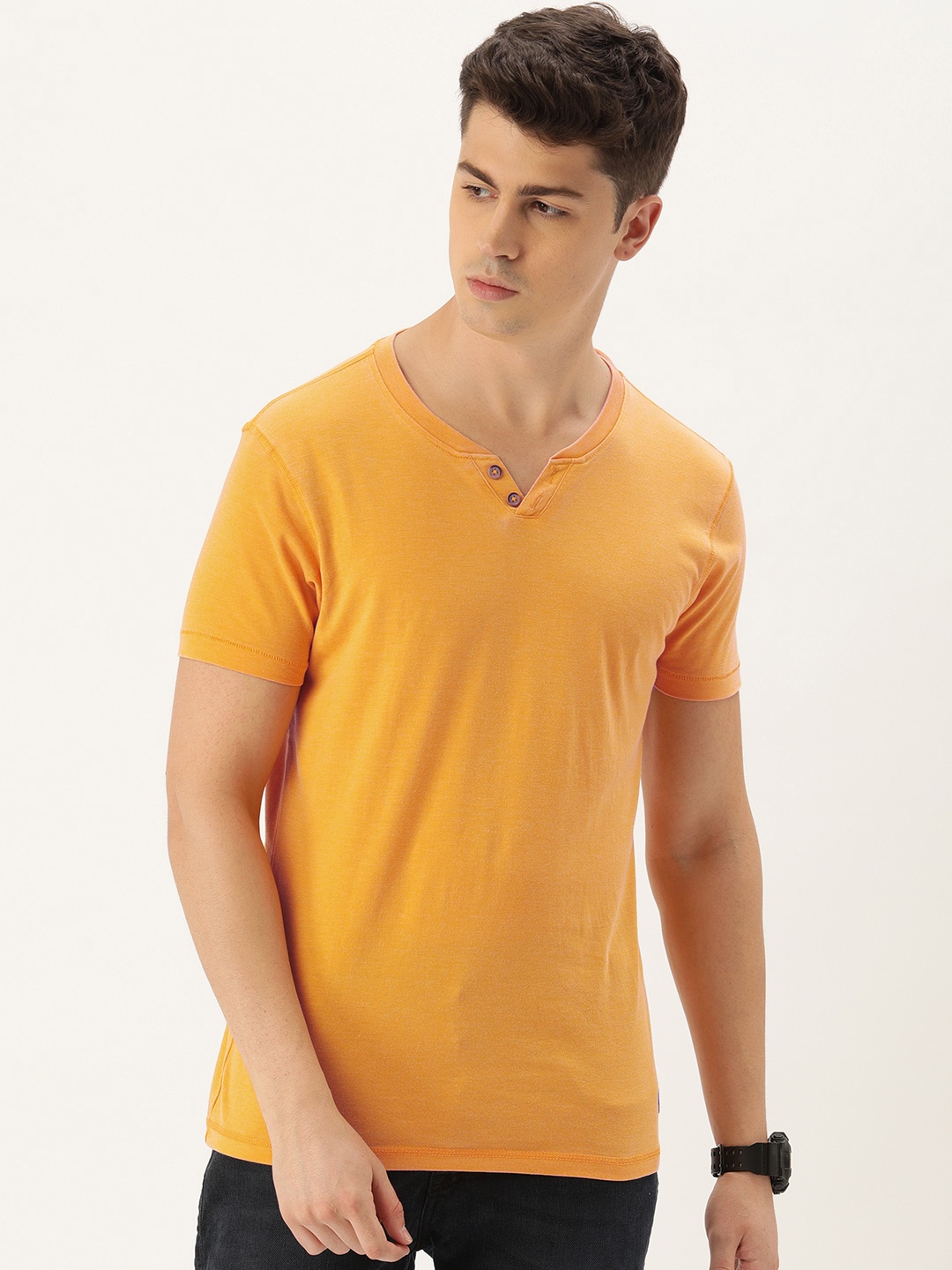 

Flying Machine Men Mustard Yellow Slim Fit Solid Henley Neck T-shirt