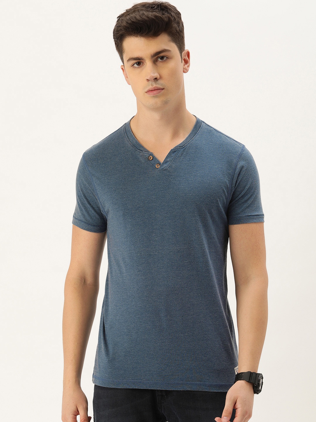 

Flying Machine Men Navy Blue Slim Fit Solid Henley Neck T-shirt