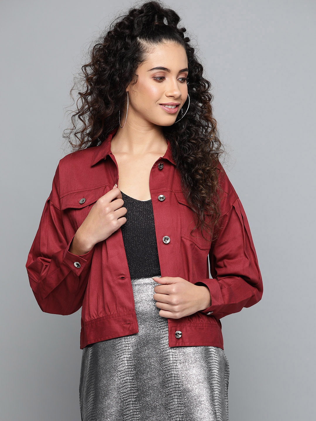 

STREET 9 Women Maroon Solid Denim Jacket