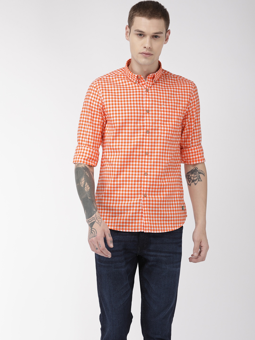 

Flying Machine Men Orange & White Regular Fit Checked Casual Shirt