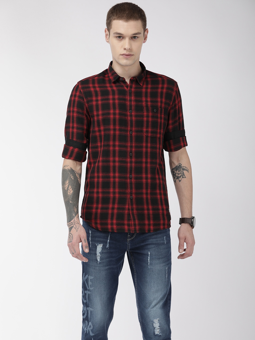 

Flying Machine Men Red & Black Slim Fit Checked Casual Shirt