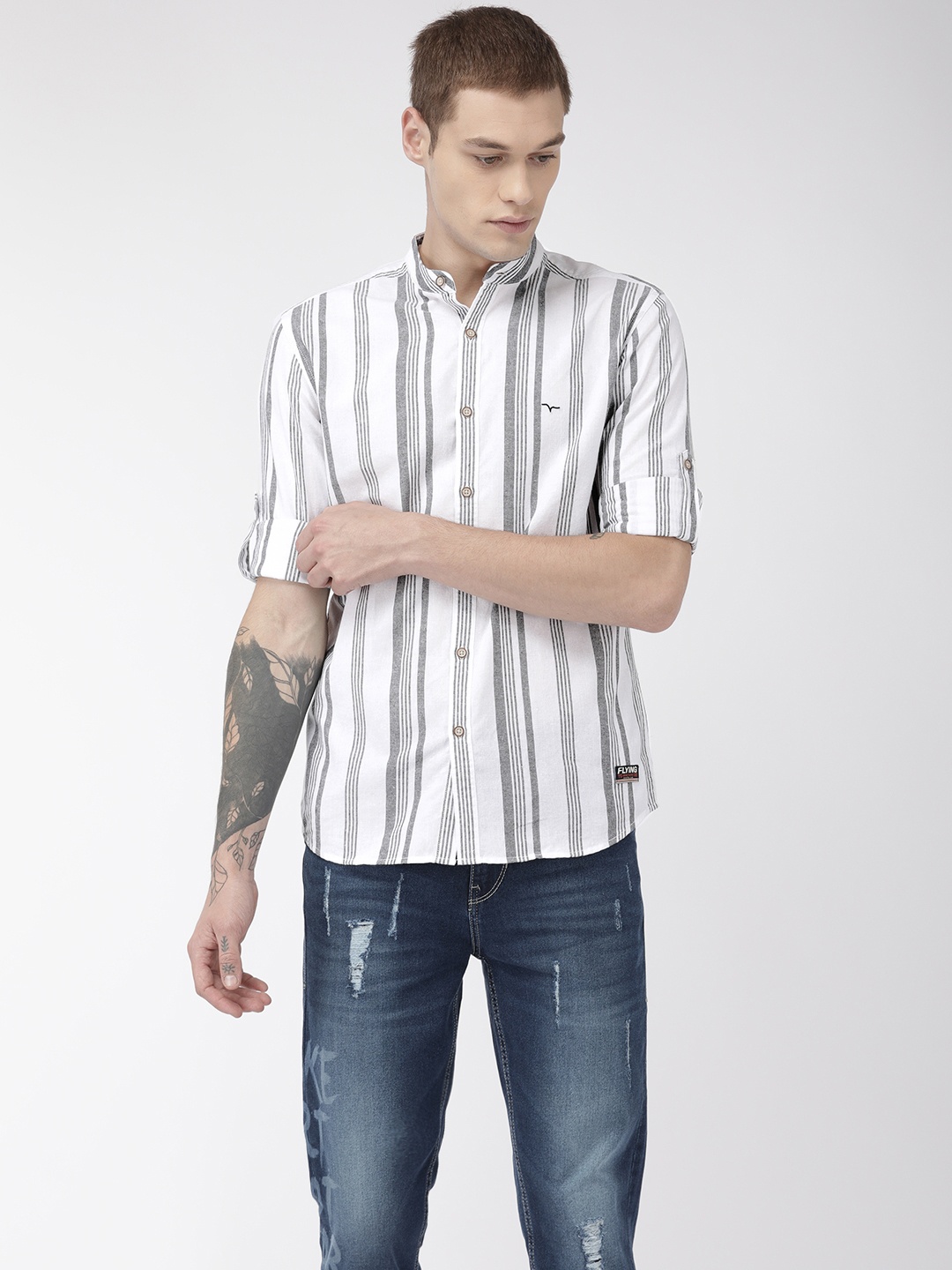 

Flying Machine Men White & Grey Slim Fit Striped Casual Shirt