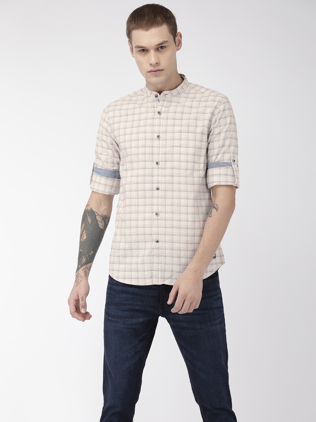 

Flying Machine Men Beige & Navy Blue Slim Fit Checked Casual Shirt
