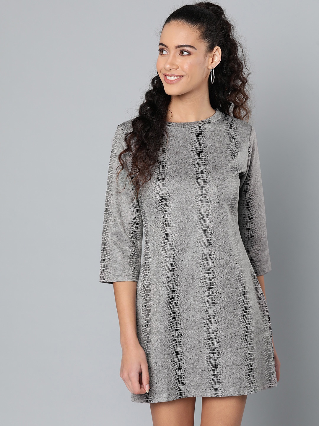 

STREET 9 Women Grey & Black Snakeskin Printed Mini A-Line Dress