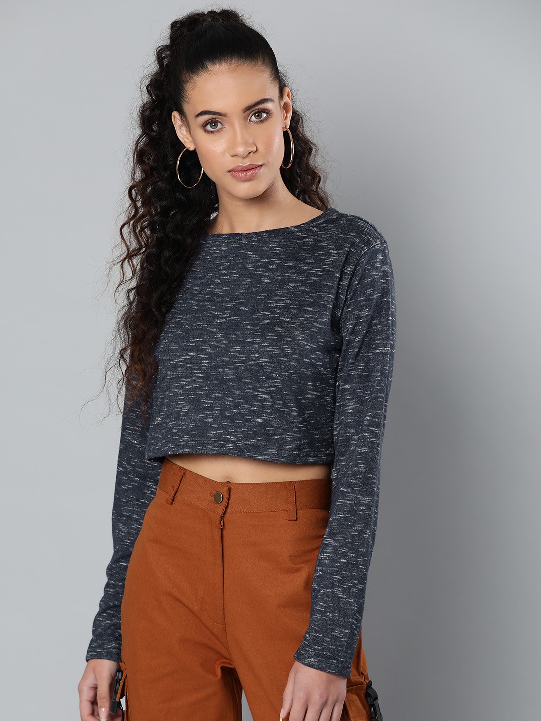 

STREET 9 Women Navy Blue & Off-White Melange Effect Crop Pure Cotton Top