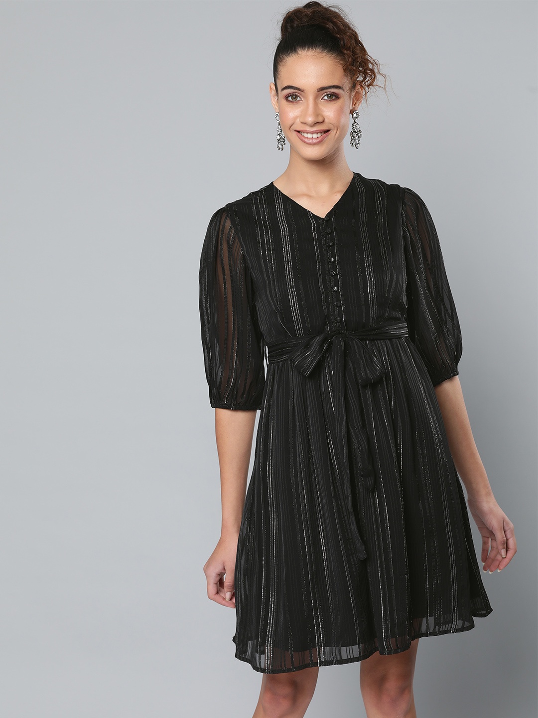 

STREET 9 Women Black & Silver Striped A-Line Dress