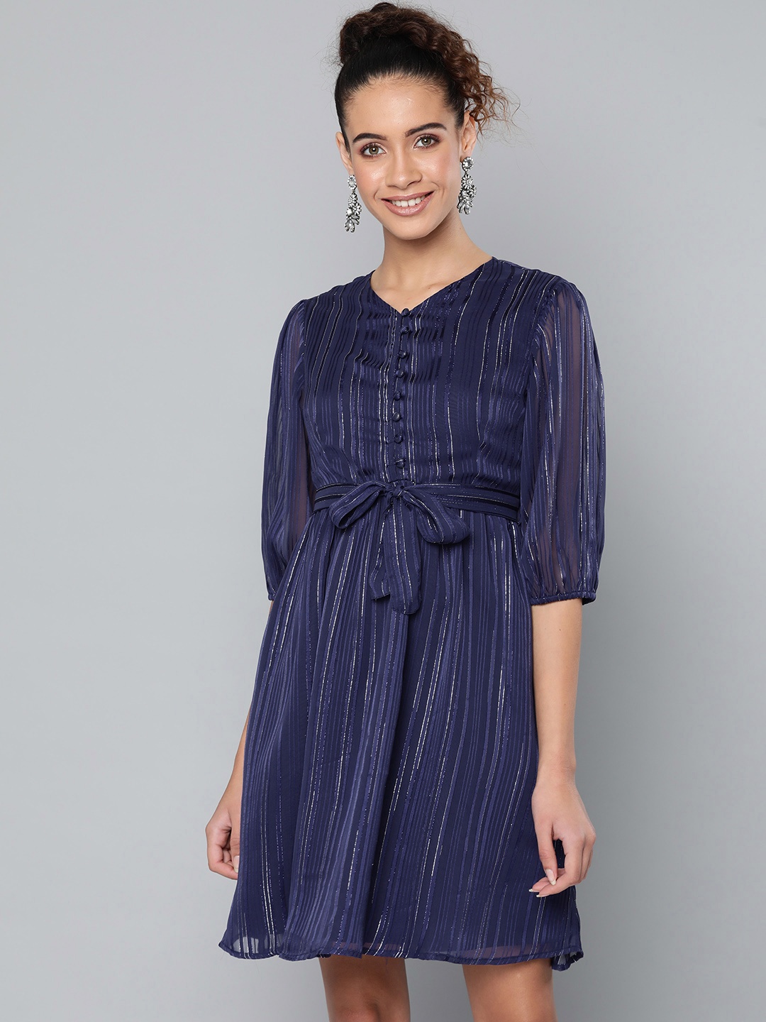 

STREET 9 Women Navy Blue & Silver Striped A-Line Dress