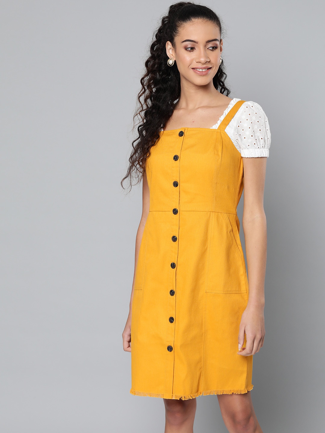 

STREET 9 Women Mustard Yellow Solid Pinafore Dress