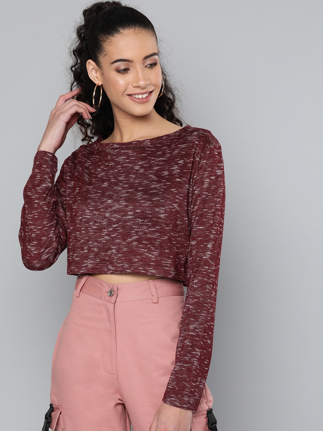 

STREET 9 Women Burgundy & Off-White Melange Effect Crop Top