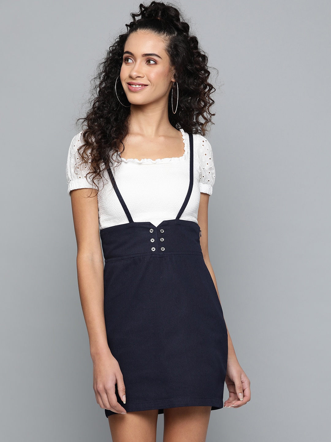

STREET 9 Women Navy Blue Solid A-Line Skirt With Suspenders