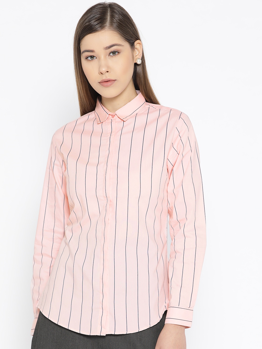 

Hancock Women Pink & Navy Blue Knitted Slim Fit Striped Formal Shirt