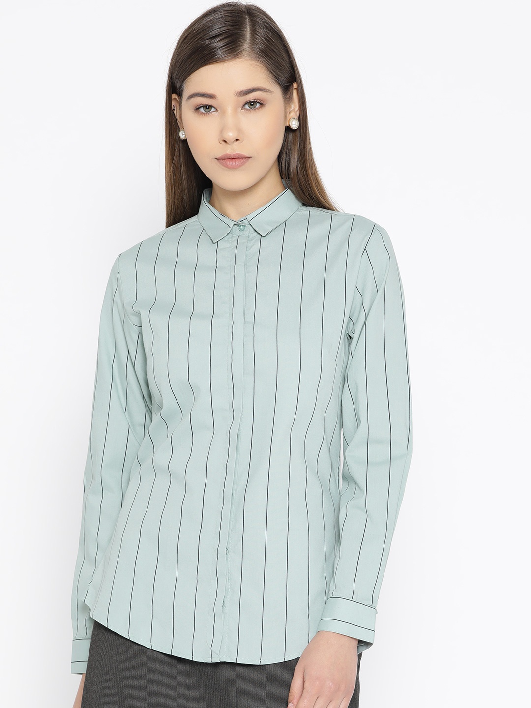 

Hancock Women Green & Navy Blue Slim Fit Striped Formal Shirt