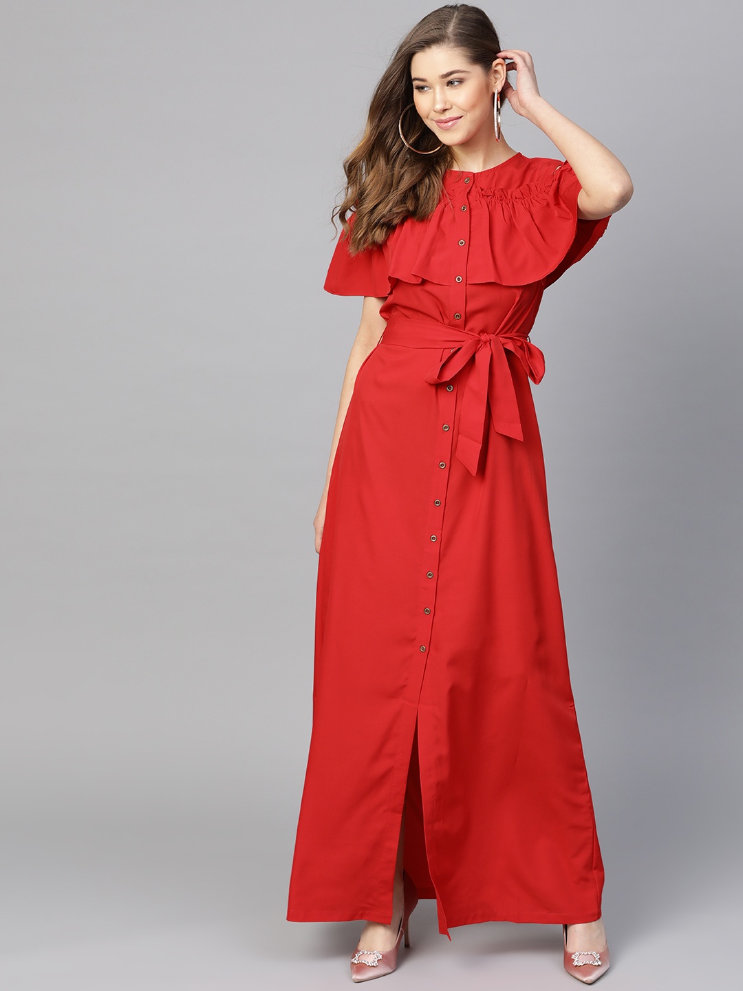 

Uptownie Lite Women Red Solid Ruffle Maxi Dress with Cold Shoulder Sleeves