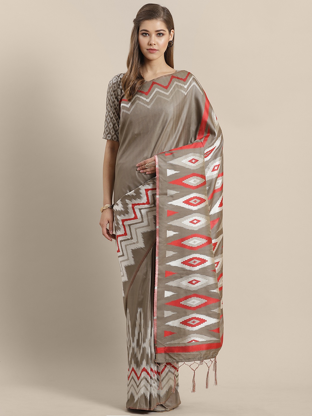 

Saree mall Charcoal Grey & Silver Woven Design Saree