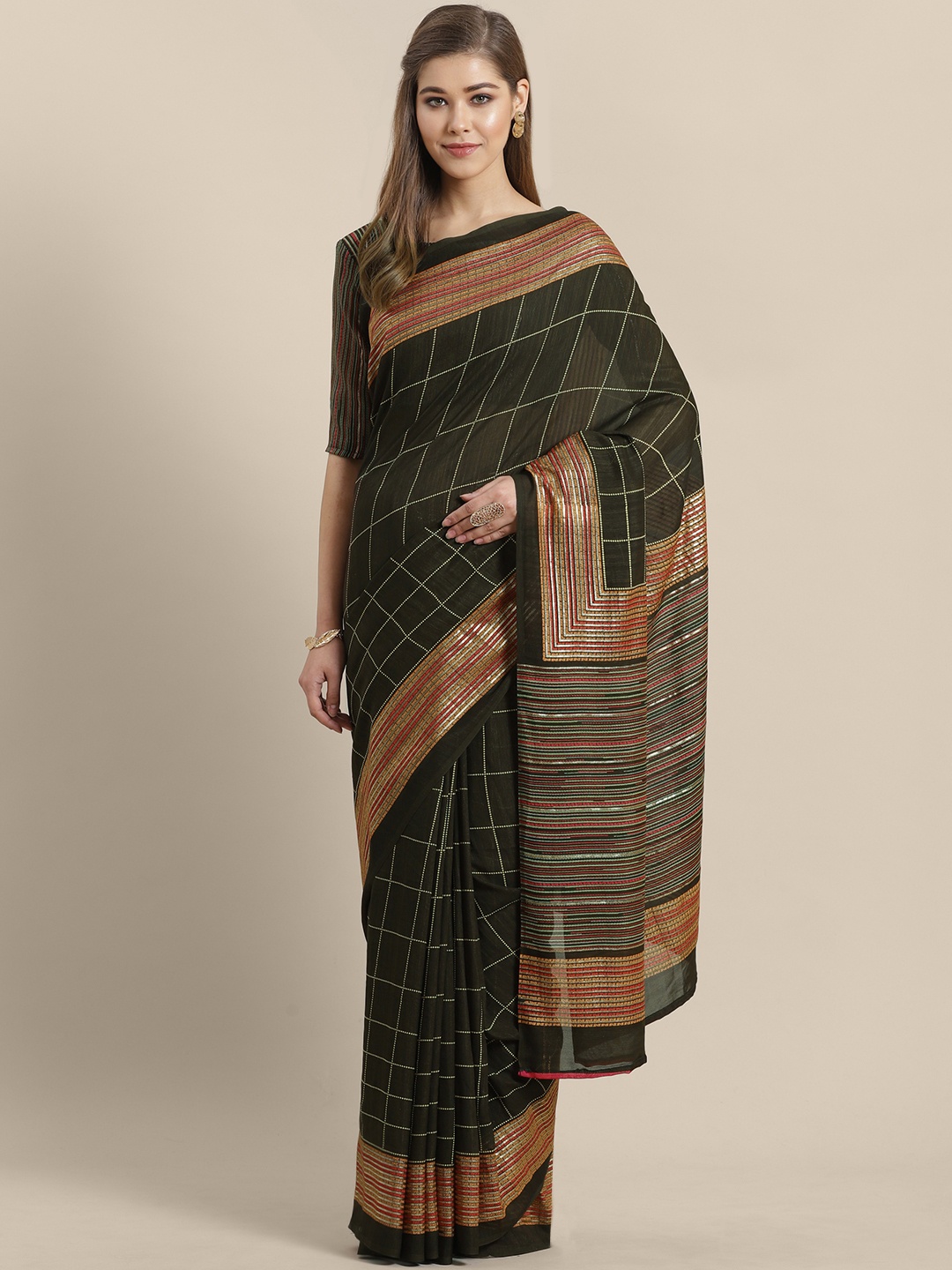 

Saree mall Olive Green & Gold Pure Georgette Checked Saree