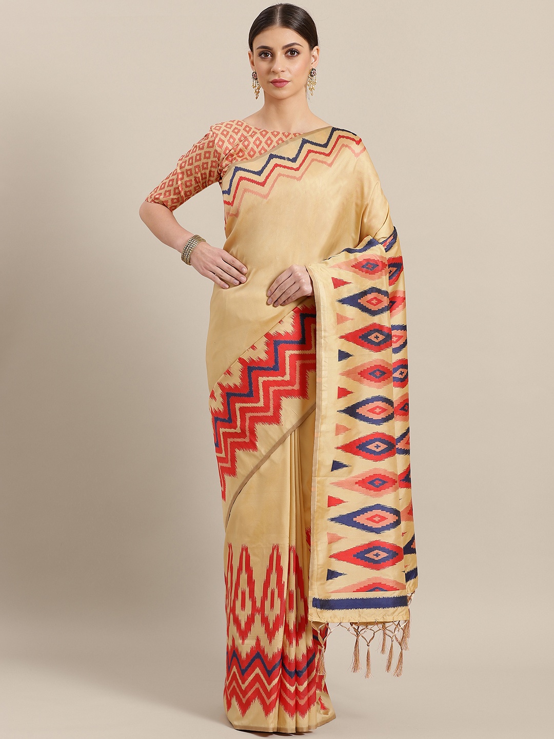 

Saree mall Beige & Red Solid Saree