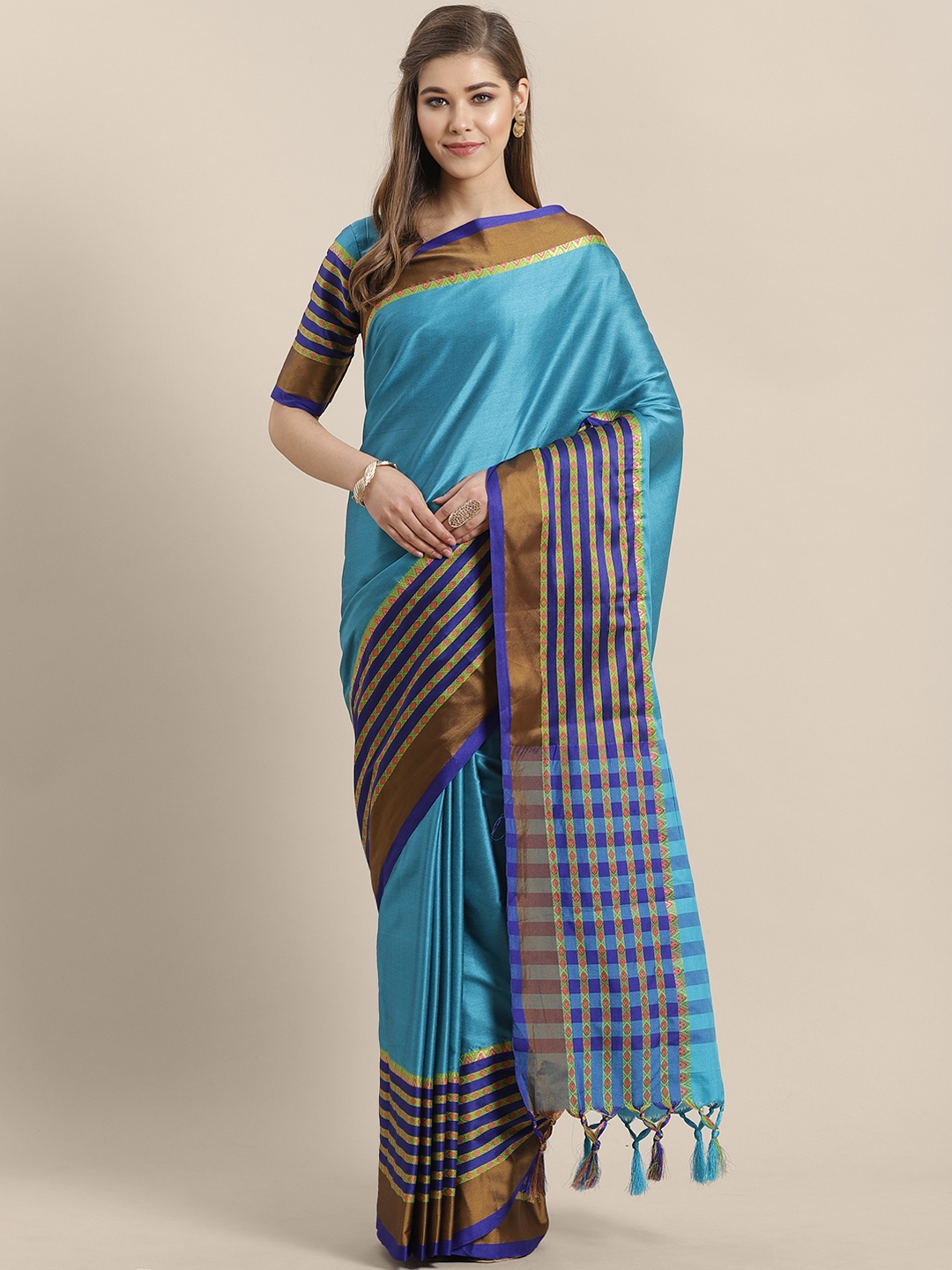 

Saree mall Blue Solid Khadi Saree