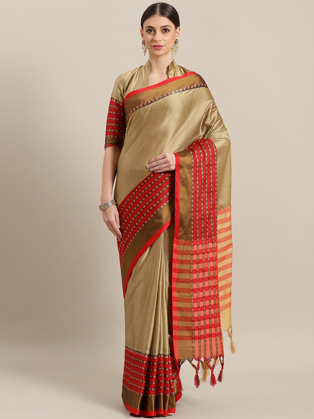 

Saree mall Beige & Red Khadi Saree