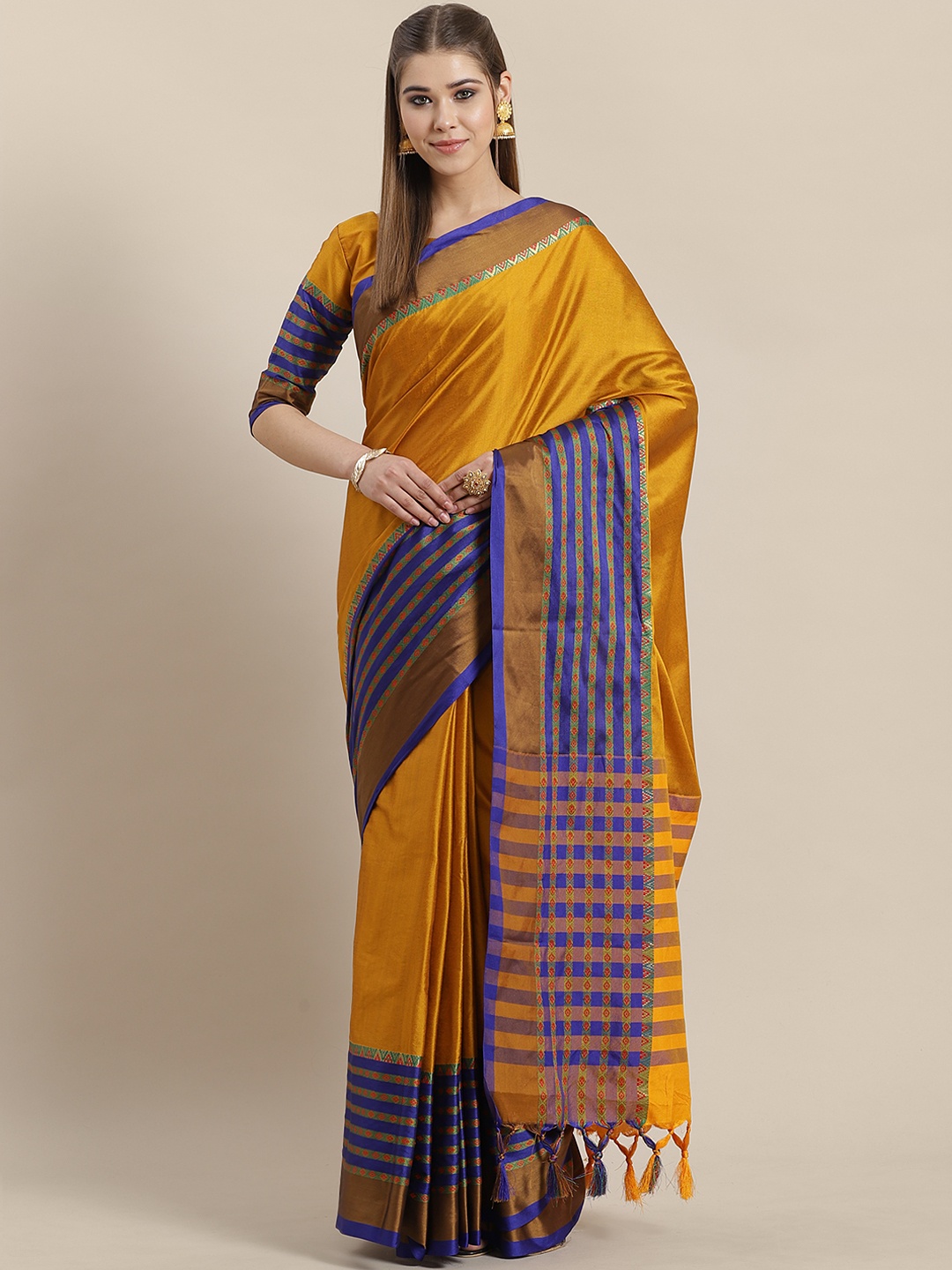 

Saree mall Mustard Yellow & Blue Solid Khadi Saree