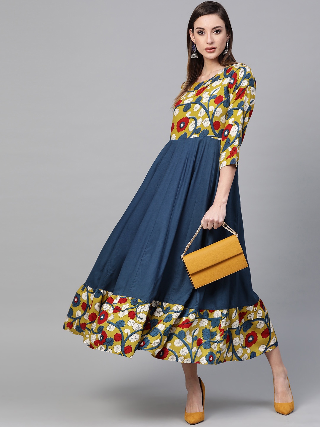 

Geroo Jaipur Yellow & Navy Blue Kalamkari Hand Block Printed Rayon Dress