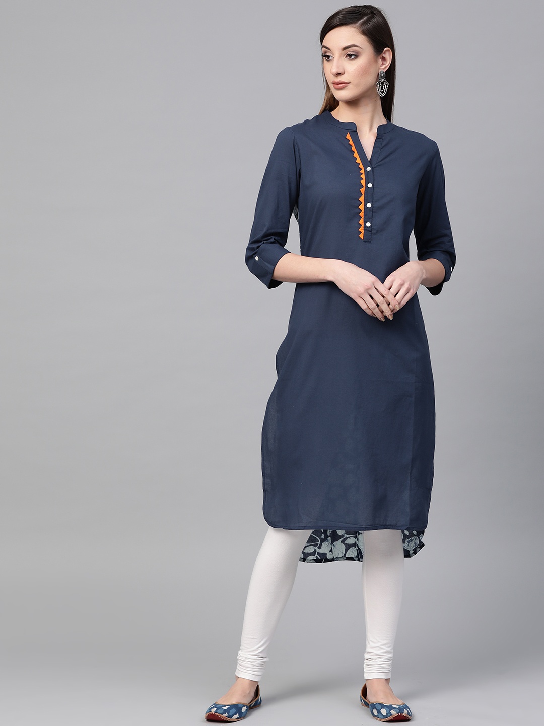 

Geroo Jaipur Indigo Hand Block Printed Straight Pure Cotton Sustainable Kurta, Navy blue